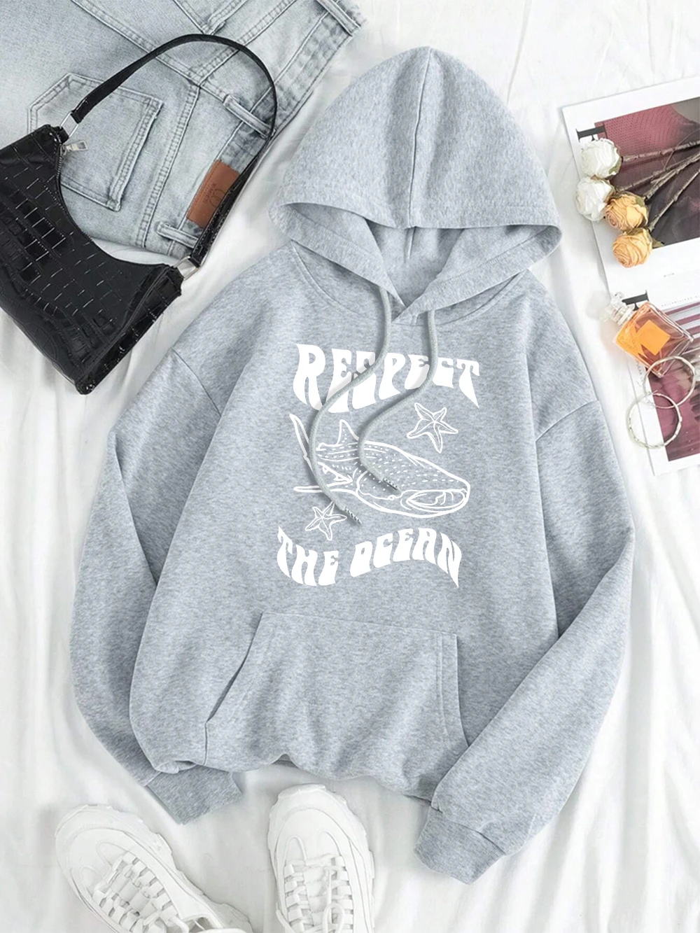 Respect The Ocean Protecting Whales Men Women Clothes Cute Warm Loose Streetwear Pocket Hoodies Pocket Fleece Sportswears Couple