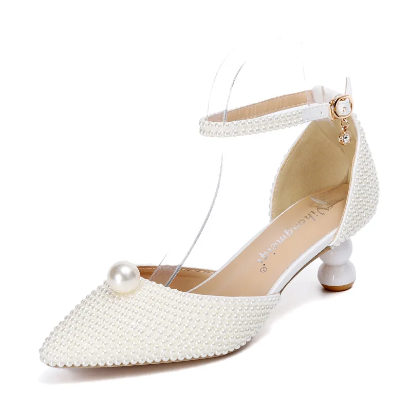 Bloom Steps zapatos de perlas puntiagudos Beige blanco tacón grueso 5cm solo bajo zapatos de moda mujeres banquete boda tacones altos