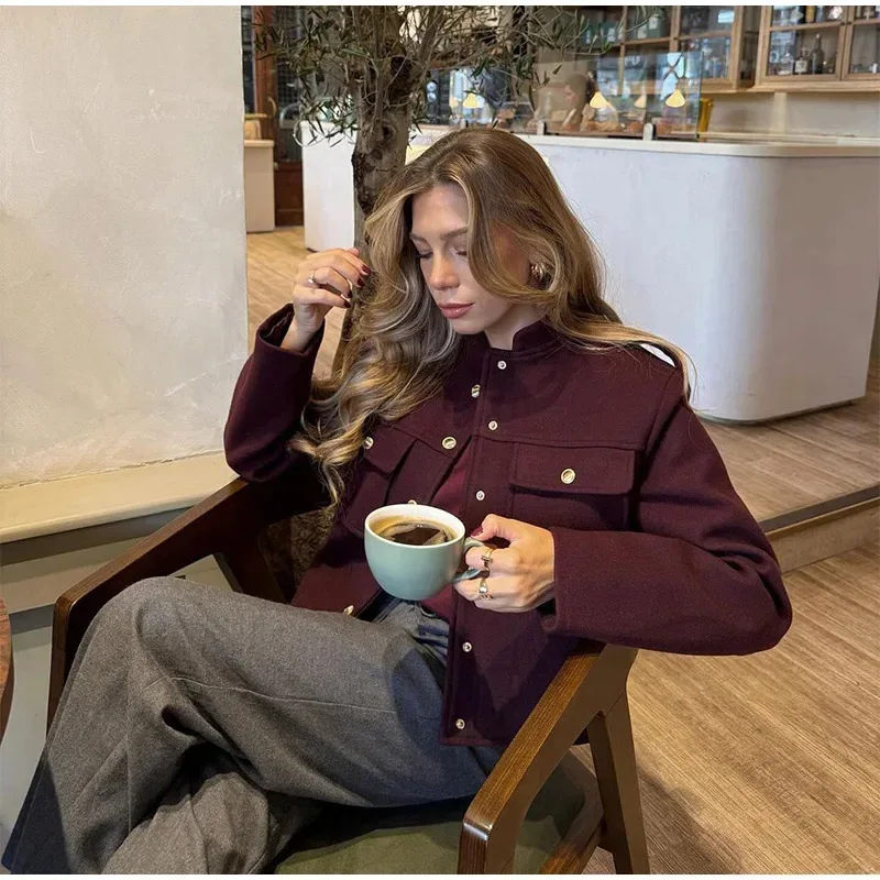 

Women Vintage Wine Red Coat O Neck Long Sleeve Single Breasted Jacket With Pockets Autumn Casual Office Lady Outerwear