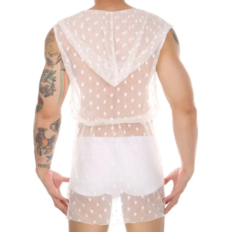 YUFEIDA Loose Leisure Mesh Sheer Robes Men Bathrobe Sexy Long Lace Up Transparent Nightwear Hooded Homewear Nightgown Sleepwear