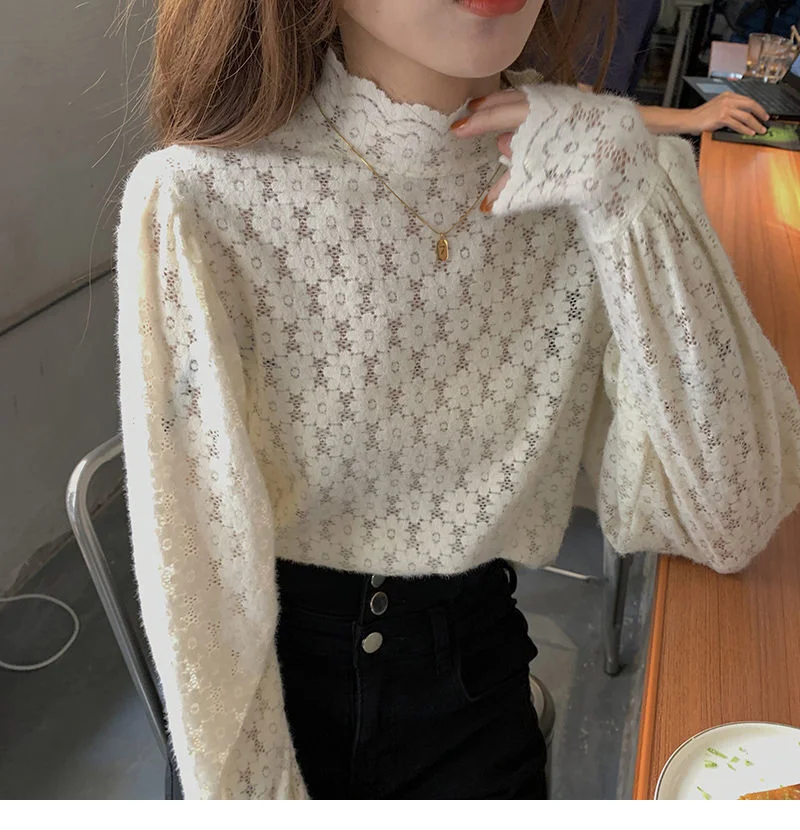 

Flocking Brushing Plucking Lace Underlay Shirt Women Autumn/Winter Half High Neck Lace Shirt Fashionable Small Shirt Underlay To