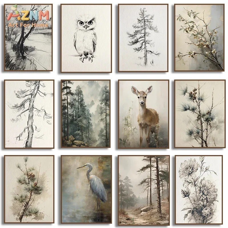 AZNM Frameless Canvas Poster Vintage Sketch Forest Print, Deer Owl Heron Pine Tree Floral Nature Landscape Wall Picture for Farm