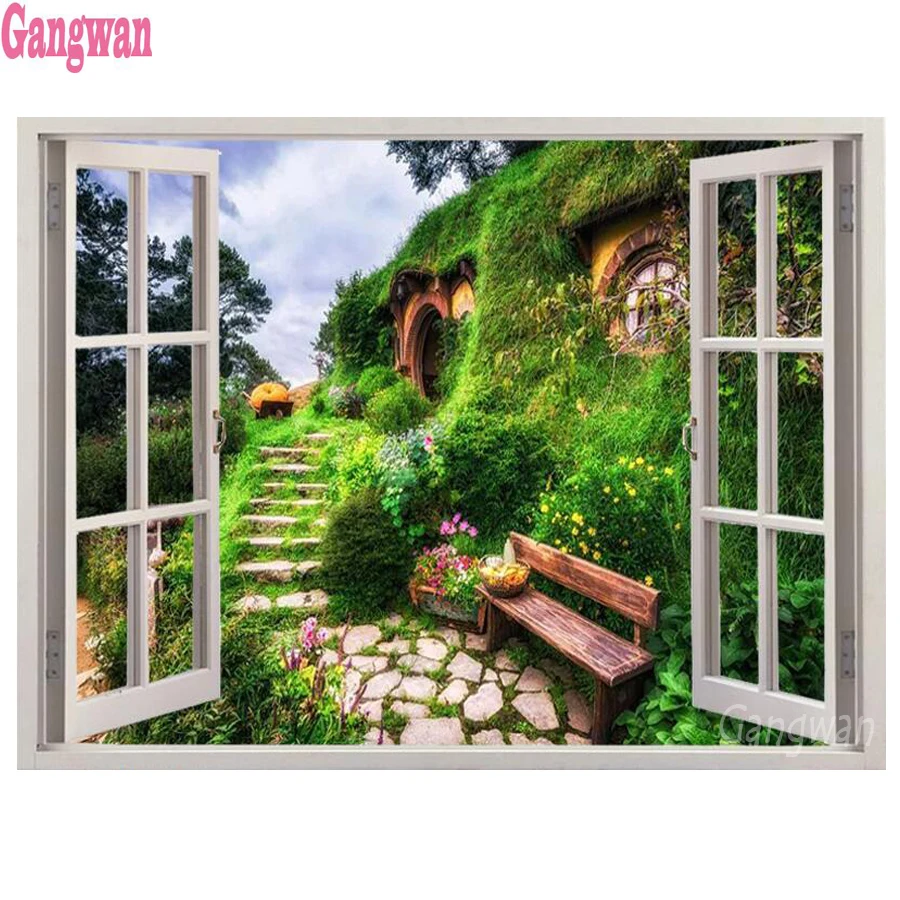 5D Diy Diamond Painting window view Cross Stitch full Square Diamond Embroidery Hobbit Village scenery picture room wall Decor