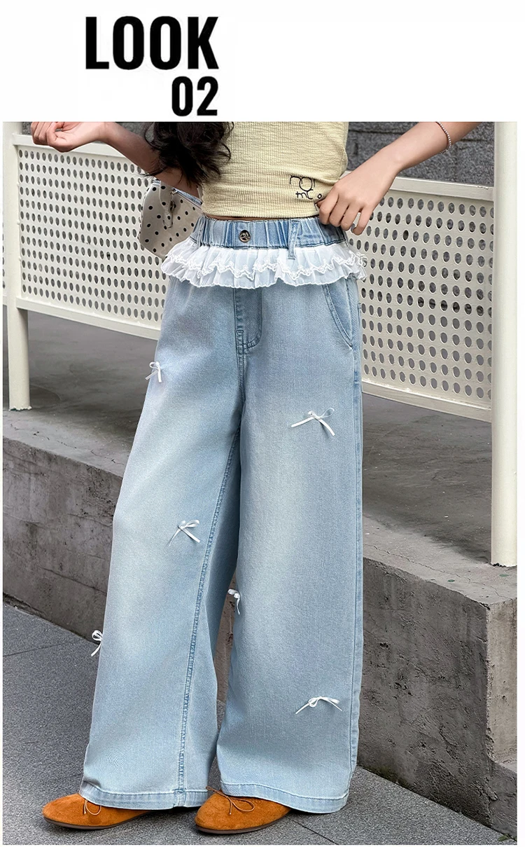 Neue Süße Schleifenjeans mit Spitze für Teenager-Mädchen, Beliebte Hochgeschnittene Gerade Denim-Hosen, Kinder Casual Sommer-Jeans-Hosen – Detail 5