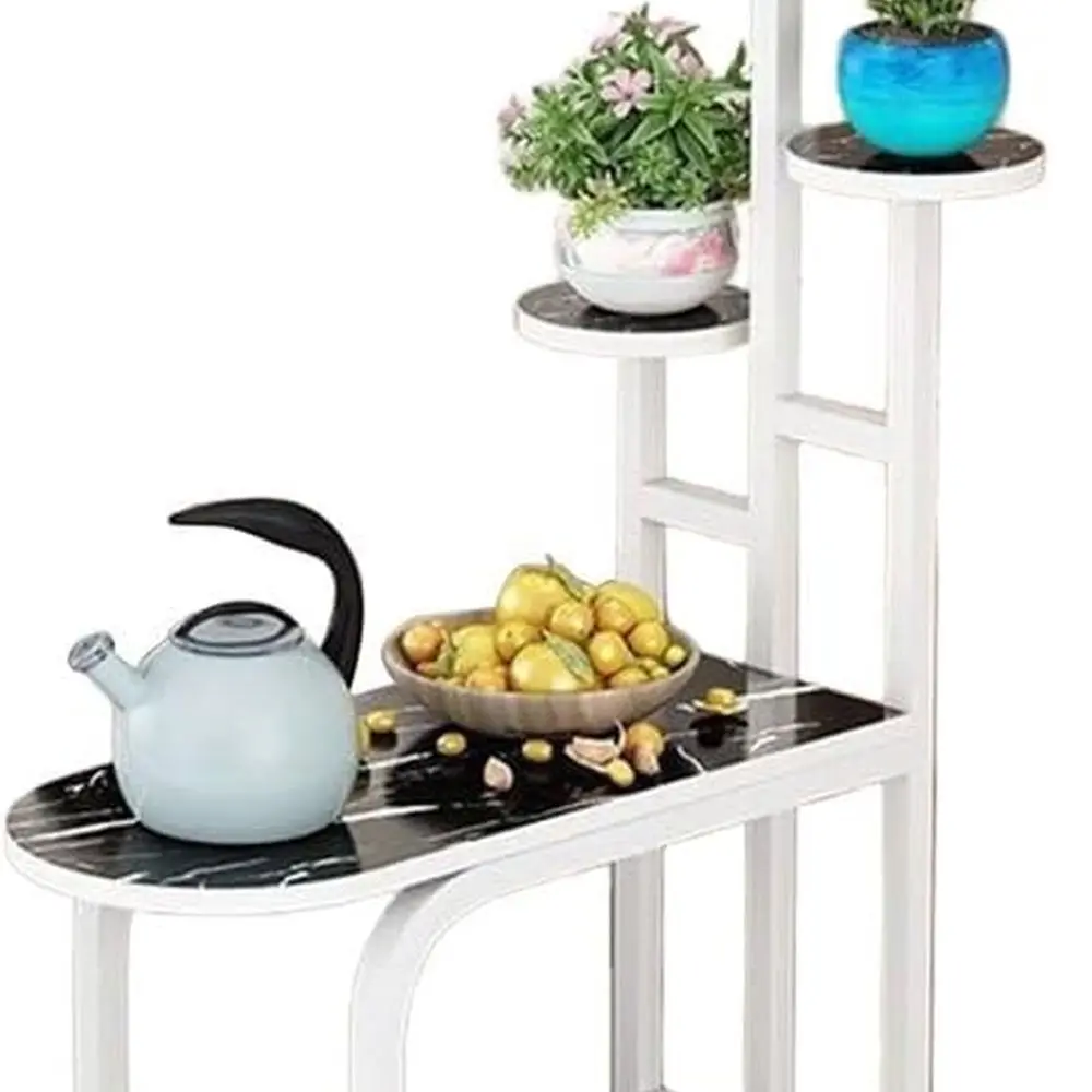 

Corner Metal and Wood 5-Tier Plant Stand for Indoor and Outdoor Use - Elegant Black Marble and White Finish for Stylish Plant Di