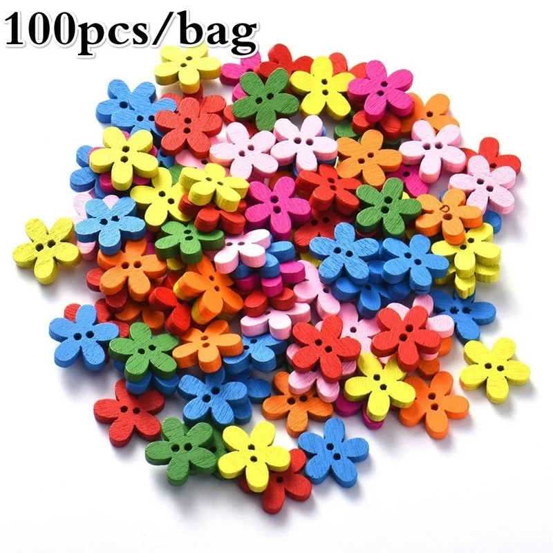 100 Uds. Botones decorativos de madera de flores mixtas de 2 agujeros adecuados para manualidades y clips de costura Multicolor 14x15mm