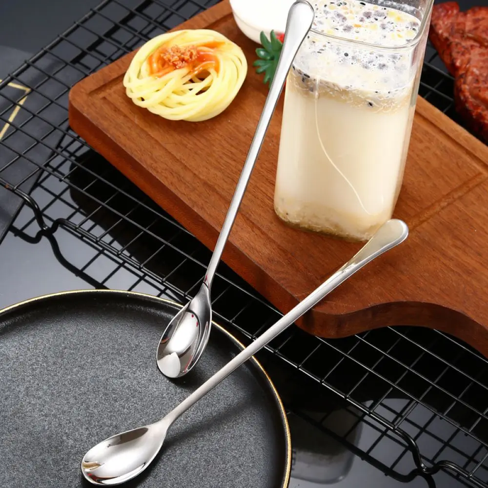 Long Handle Stainless Steel Dessert Spoon Stirring Scoop Mirror Finished Coffee Tea Utensil Simple Minimalist Tool