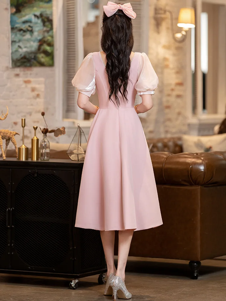 Sweet Pink Evening Dress Puff Sleeve Princess Dresses Elegant Beaded Bow Square Collar A-LineTea-Length Birthday Party Gown