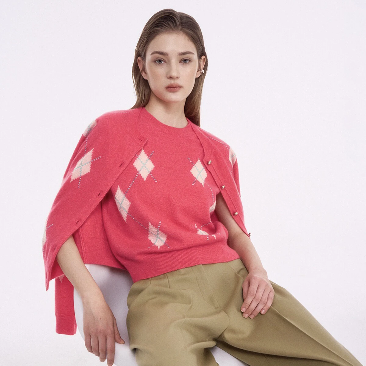 Nueva llegada de primavera, suéter tejido de lana de estilo coreano, cárdigan abierto con patrón de diamantes, ceco inform...