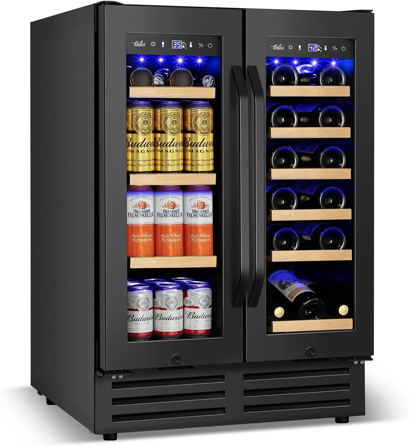 

Beverage Refrigerator Black, 24 Inch Beverage Cooler Under Counter Dual Zone with Glass Door&Lock, 18 Bottles and 68 Ca