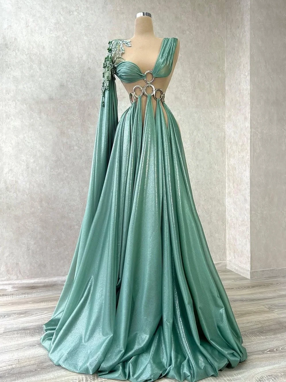 Customized Exquisite Satin A-Line Cap Sleeve Beading Evening Dresses Crew Neck Sleeveless Watteau Train Homecoming Dre