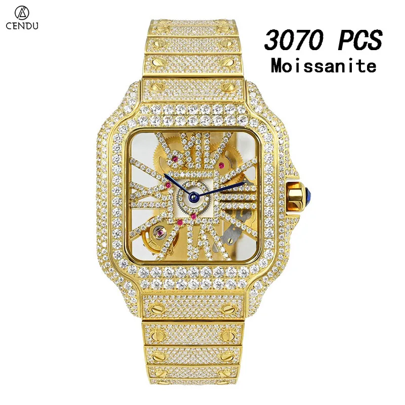 Luxury Skeleton Moissanite Men Watch Sapphire Crystal Swiss Ronda Quartz Movement 1042 Iced Out Stainless Steel Wristwatch