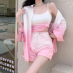 Long Sleeve Solid Short Sets Turn-down Collar Fashion Loose Women's Clothing Streetwear Sweet Zipper Buttons Pocket Three-piece