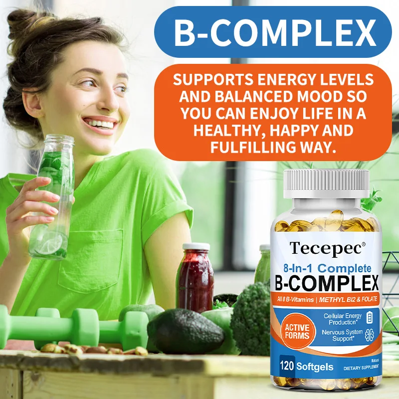 

Vitmain B Complex Capsules, All 8 Viamitns (Vitamin B1, B2, B3, B5, B6, Biotin, B9, B12), for Immune Support, 30/60/120 Softgles