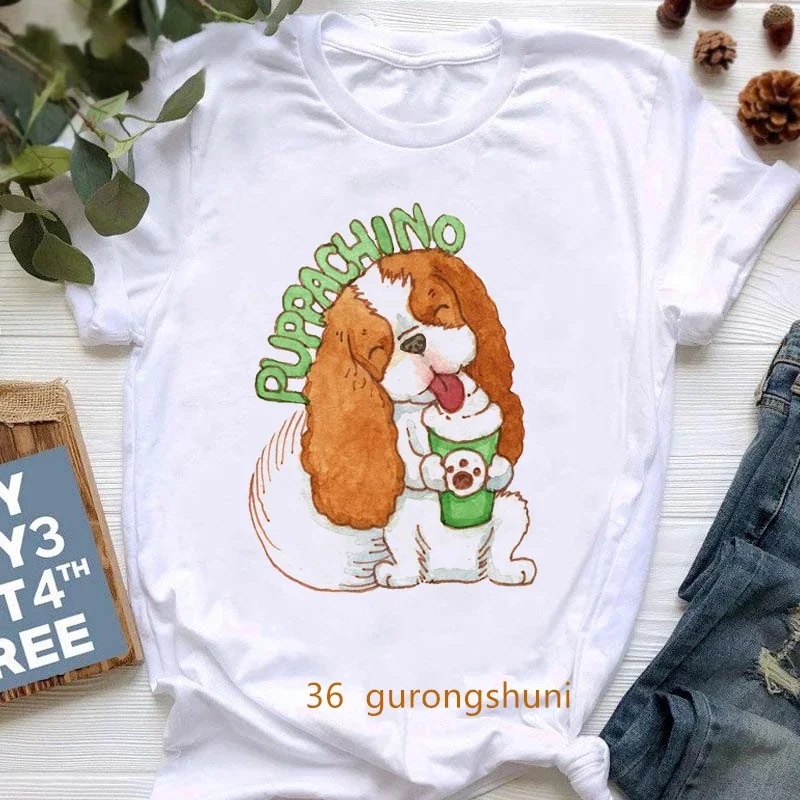 Harajuku Kawaii Cavalier King Charles Spaniel Animal Print T-Shirt Female Cute Summer Top Graphic Tees Women White T Shirt