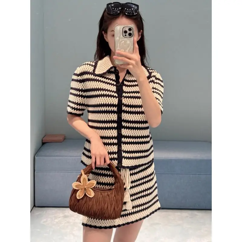 

2025 Contrasting Striped Lapel Short Sleeved Knitted Cardigan+tassel Drawstring A-line Skirt Set Two-piece Set