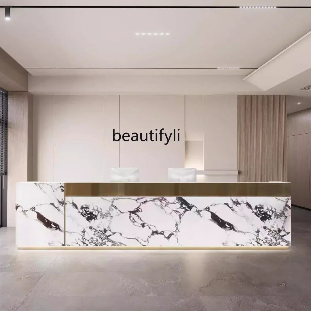 

Light luxury hotel marble hotel checkout page multifunctional art hotel front desk stainless steel rock slab bar