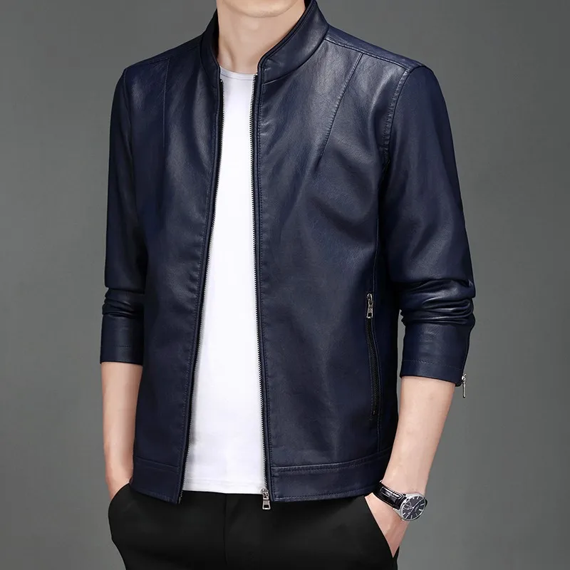 Spring and Autumn PU Leather Jacket Men's Baseball Collar Simple Slim Solid Color Motorcycle Suit Flight Suit, Men's Clothing