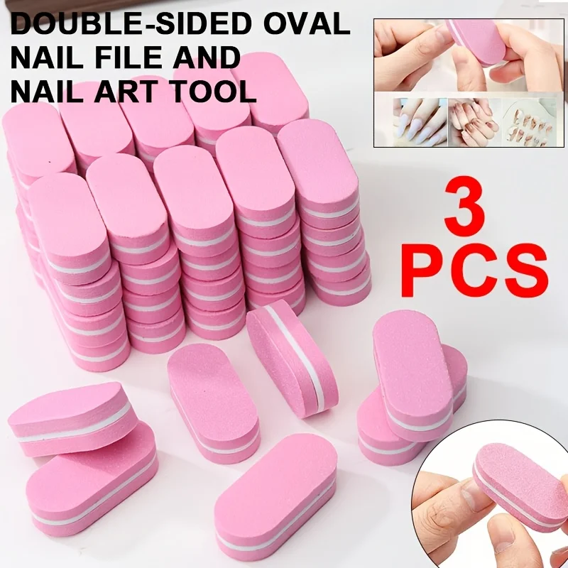 3pcs Pink Double-Sided Oval Nail Files Mini Sponge Buffing Blocks, Portable Nail Polishing Tools Non-Damaging to Nail Surface