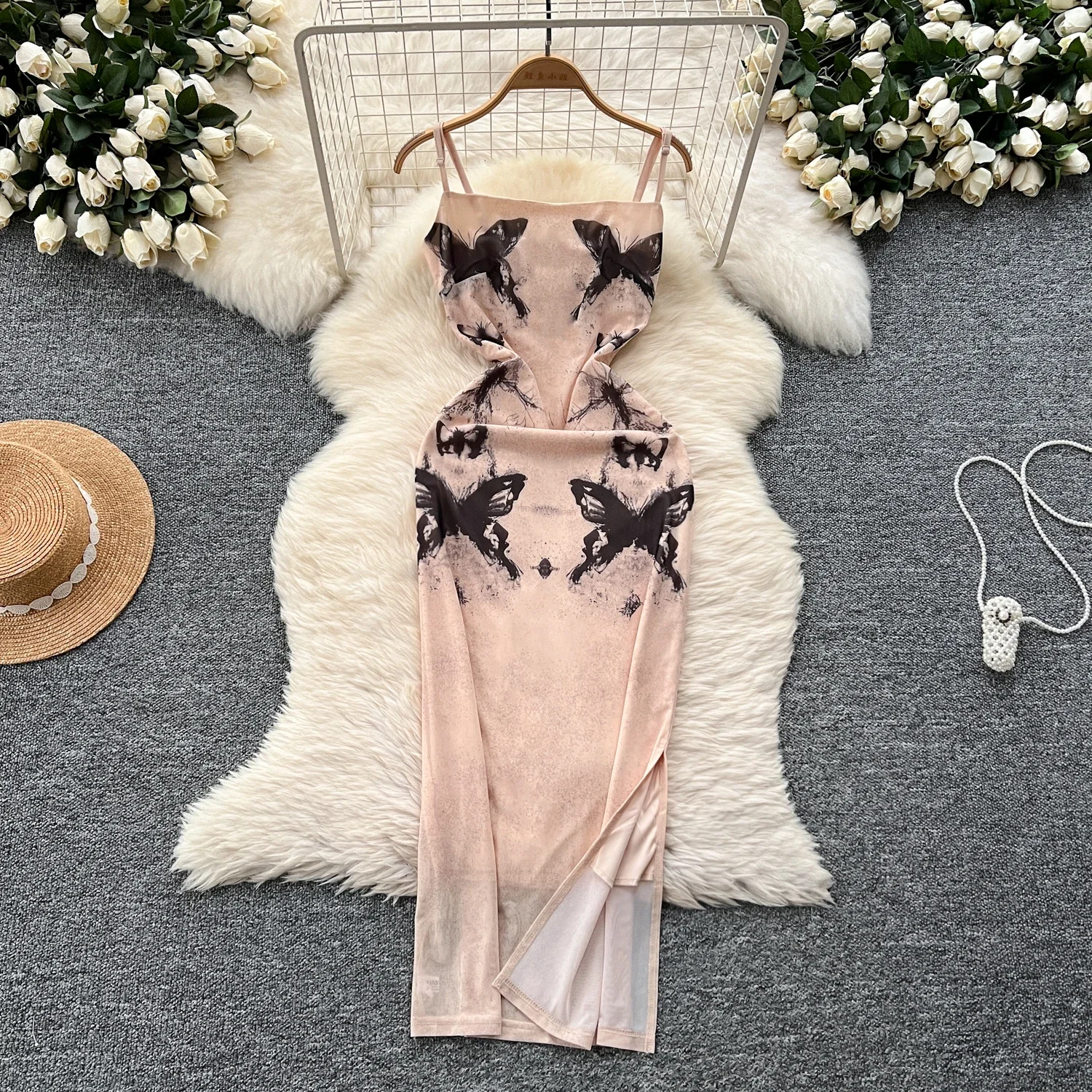 Hotsweet Elegant Sleeveless Sexy Straps Vintage Butterfly Print Chic Mesh Slim Split Long Dresses Evening High Street Clothing