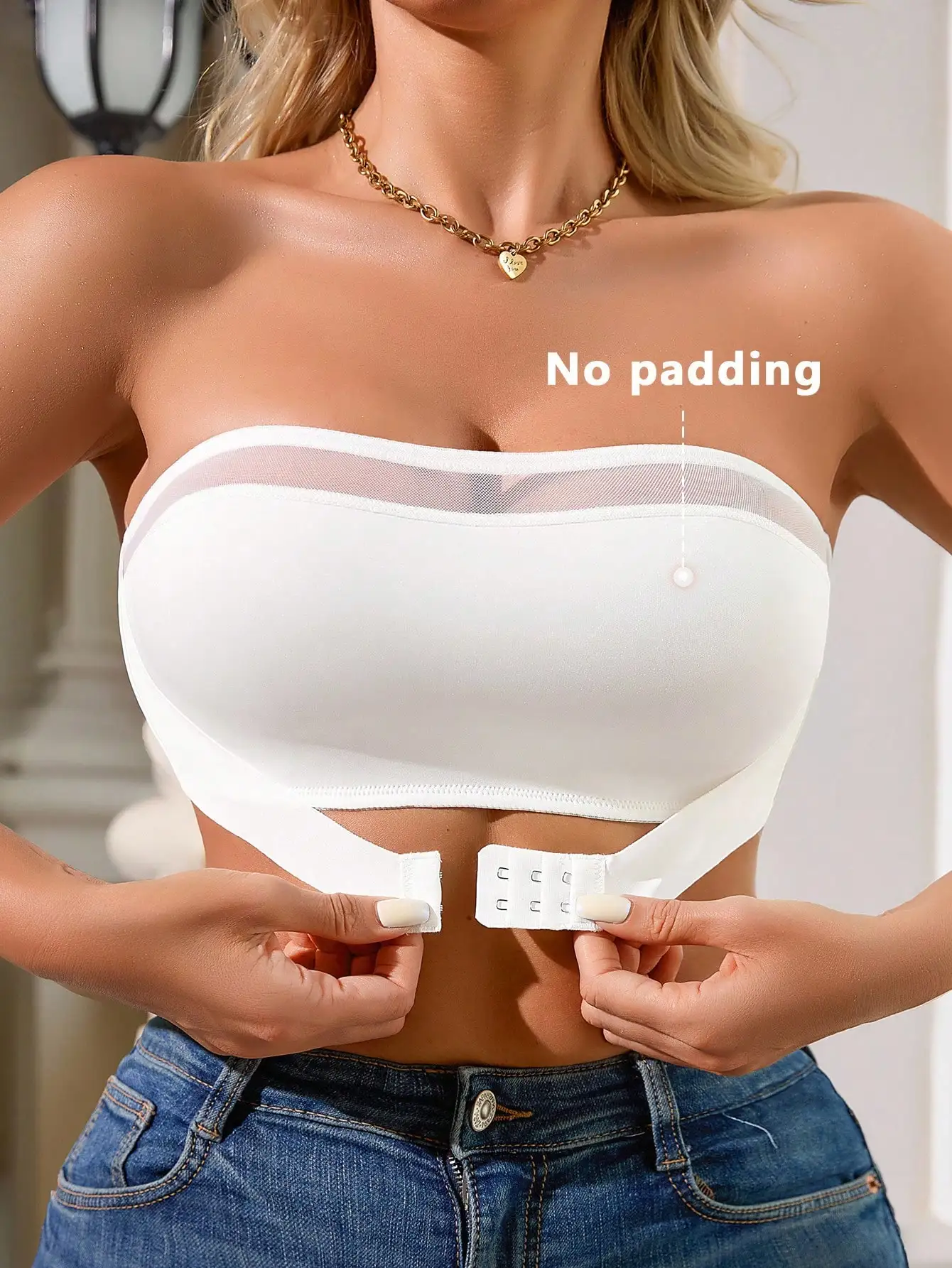 

White Strapless Mesh-Trimmed Front Clasp Bralette Top
