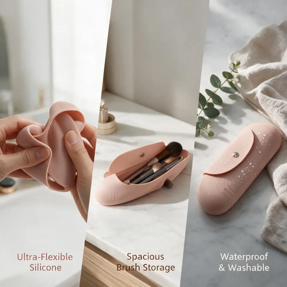 Silicone Makeup Brush Pouch Waterproof Large Capacity Cosmetic Brush Storage Bag Portable Strong Magnetic Closure 1pcs