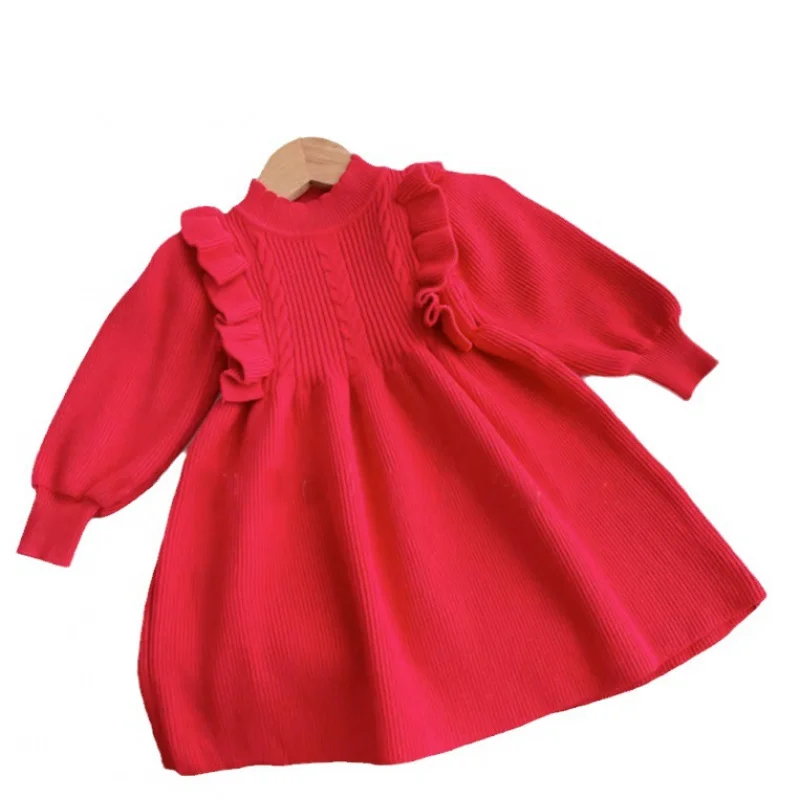 Falda suéter para niña primavera y otoño 2024 nuevo vestido tejido de estilo occidental para niña vestido de princesa rojo para niños