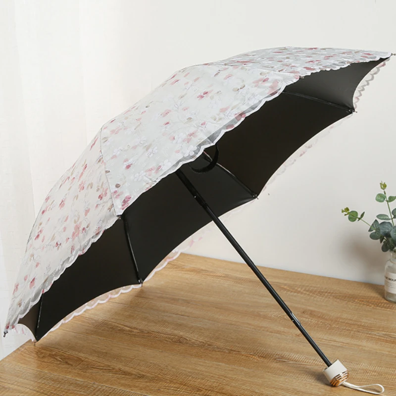 Japanese Aesthetic Floral White Mesh Cover Sun Umbrella Women Travel Walk Shopping UV Proof 3-fold Manual Flower Rain Umbrella