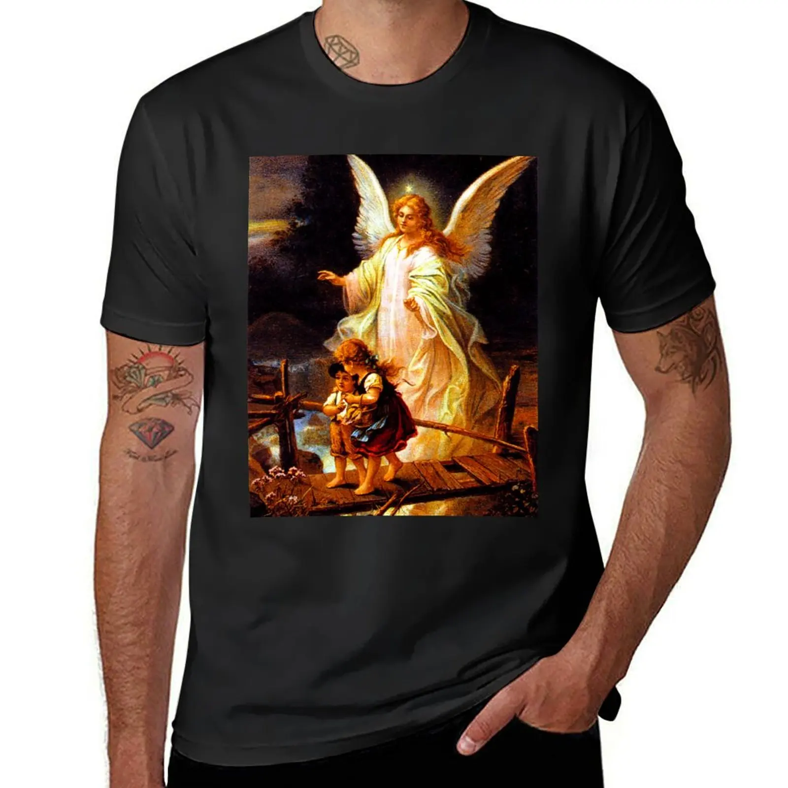 GUARDIAN ANGEL AND CHILDREN VINTAGE COLOURED T-Shirt aesthetic clothes sweat blacks mens big and tall t shirts