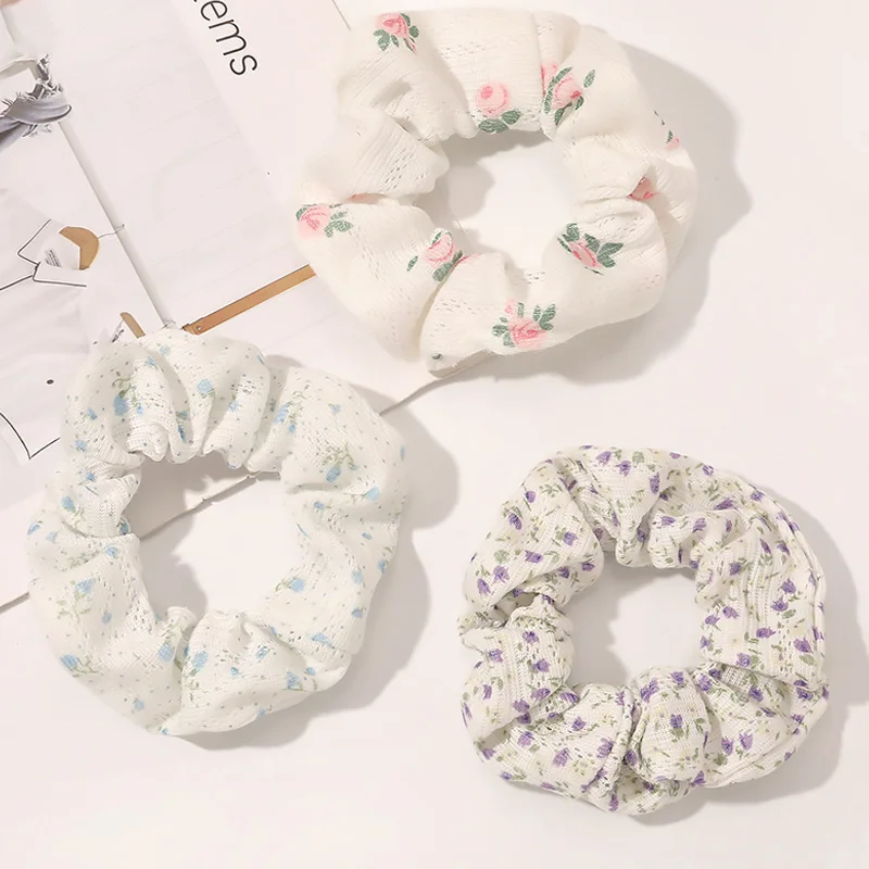 Scrunchies pequenos e frescos para meninas, laços florais, corda elástica, estilo coreano, acessórios para cabelo feminino, verão