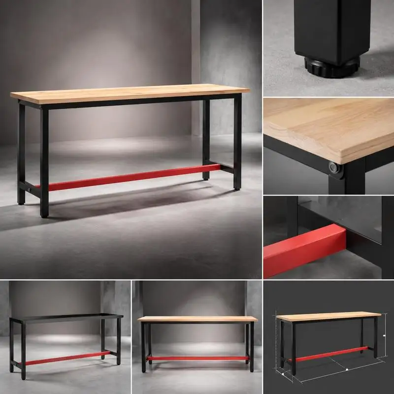 Banc de travail robuste, noir mat et rouge mat, 170x50x79 cm, métal, structure pour atelier, garage, sous-sol, style industriel, construction robuste, montage simple, cadre métallique durable
