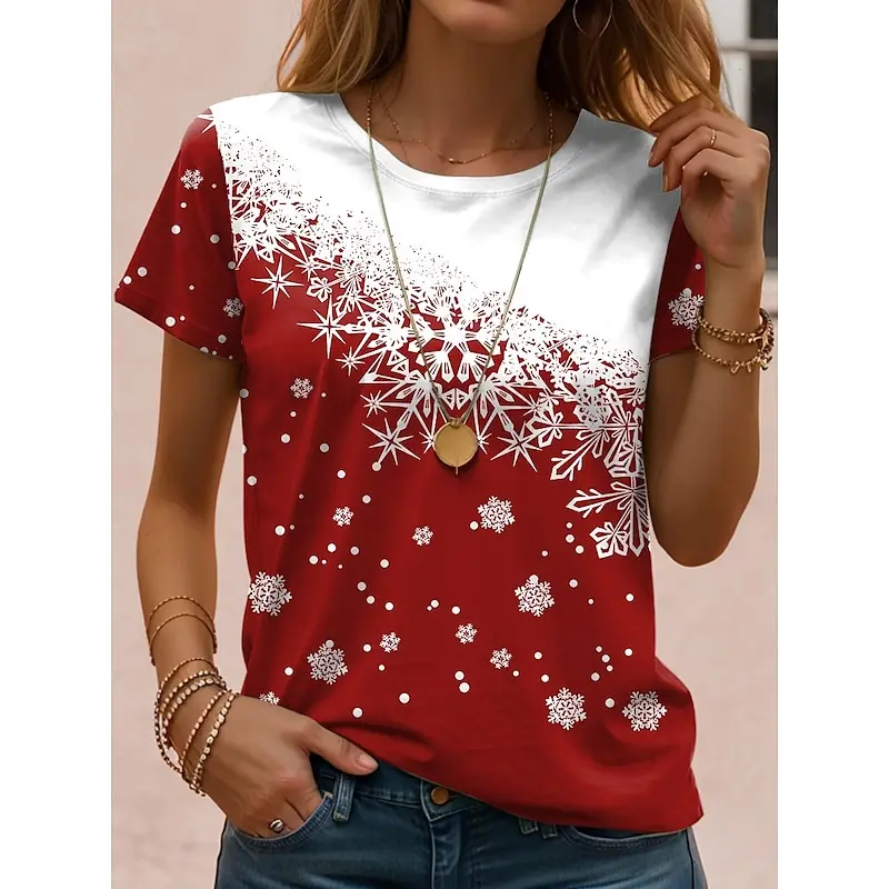 Cartoon Snowman Print Women's T-Shirt Fashion New Year Christmas Short Sleeve Top Casual O-neck Ladies Tees Loose X'mas Clothing