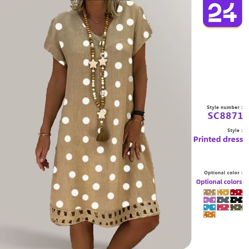 ชุดเดรสลายจุด คอวี แขนยาว ลายพิมพ์ แฟชั่น สำหรับฤดูใบไม้ผลิและฤดูร้อน เหมาะสำหรับใส่ไปทำงาน ผ้าโพลีเอสเตอร์