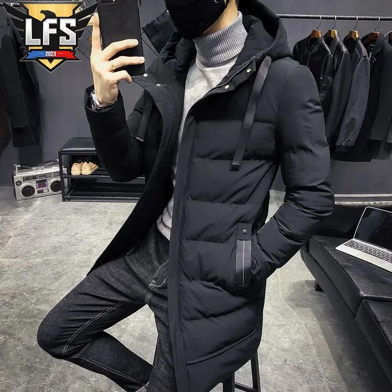 Winter Man Lengthen Cotton Coat Down Jacket Mid Length Over The Knee Thicken Youth Hooded Loose Keep Warm Temperament Simple