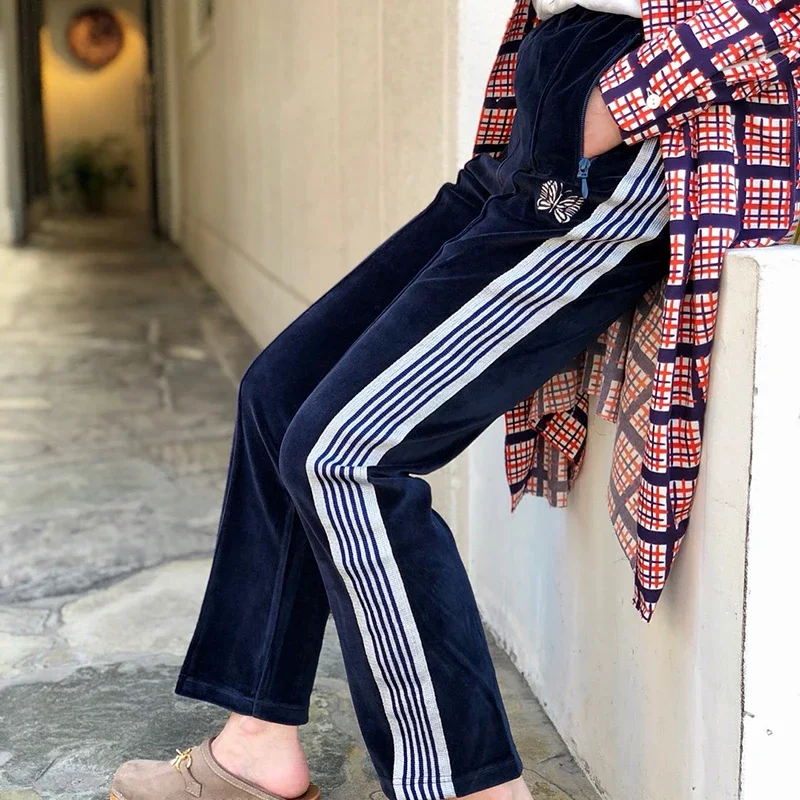 Men Women Pants White Butterfly Embroidery Cotton Velvet Webbing Track Stripe Zipper Trousers Oversize Blue Sweatpants