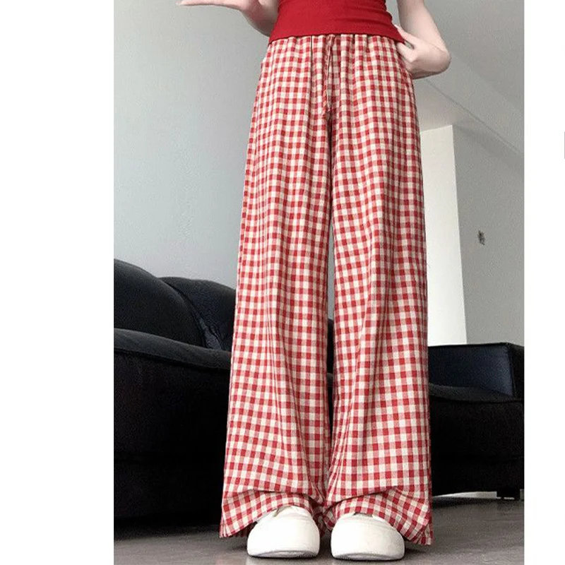 

Female 2025 New Sweet Plaid Elastic Waist Straight Women Clothes Korean Lacing High Waist Red Wide Leg Pants Oversized Trousers