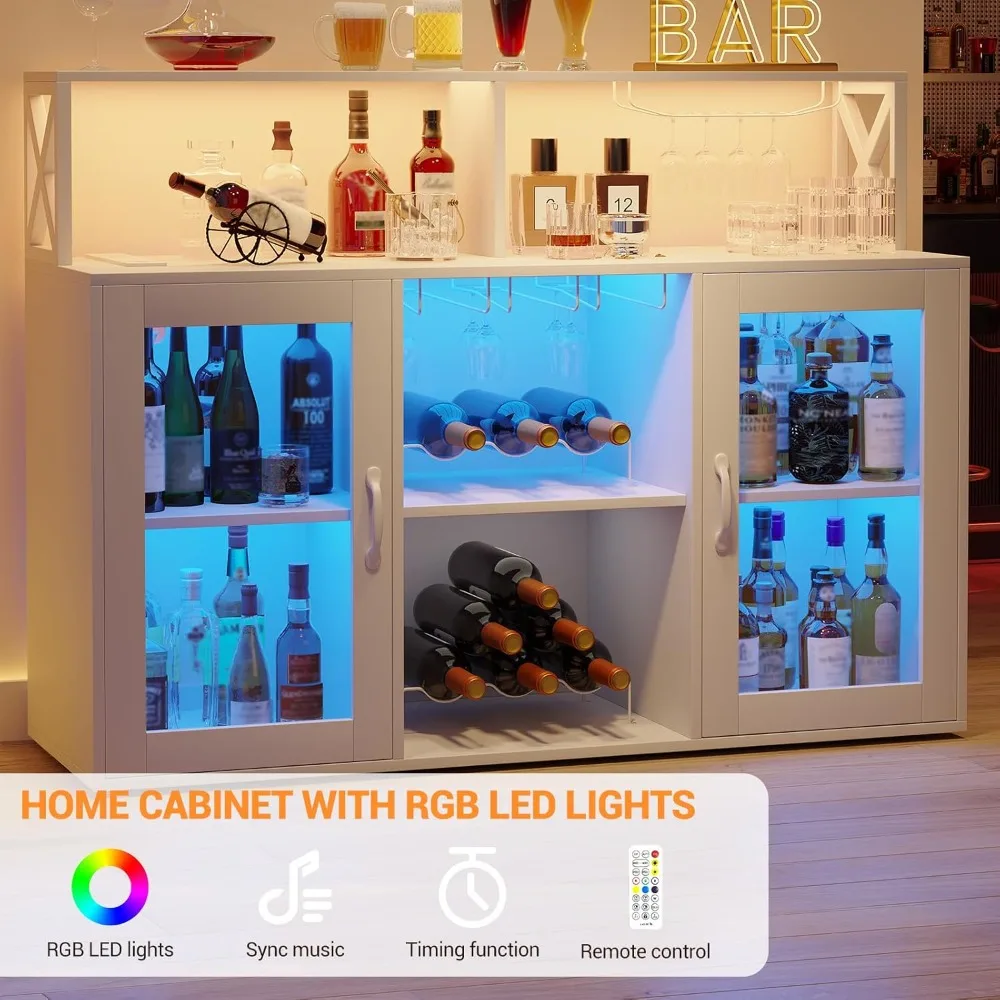 Rustykalna szafka na wino i alkohol w stylu farmhouse z oświetleniem LED i portami USB, 120 cm do przechowywania w domu.
