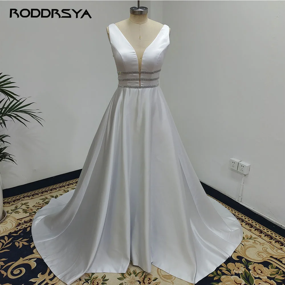 RODDRSYA Soft Satin A-lin abiti da sposa per le donne senza maniche Sweep Train Bride Party Vestido Novia Boda Sparking Crystal Belt