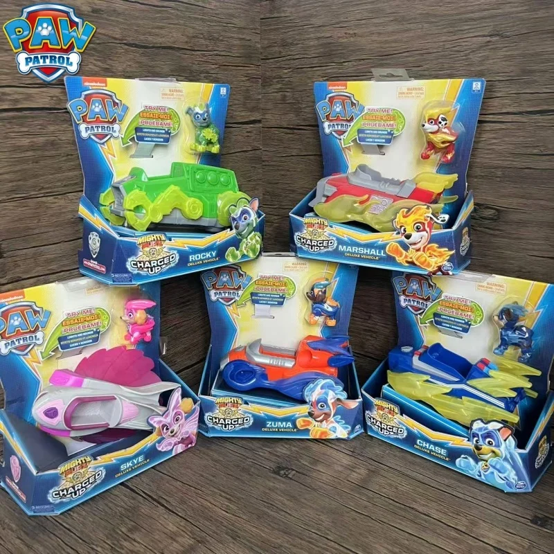 

Genuine New Paw Patrol Mighty Pups Charged Up Rubble Marshall Chase Deluxe Vehicle with Lights and Sounds Children's Toy Car Boy