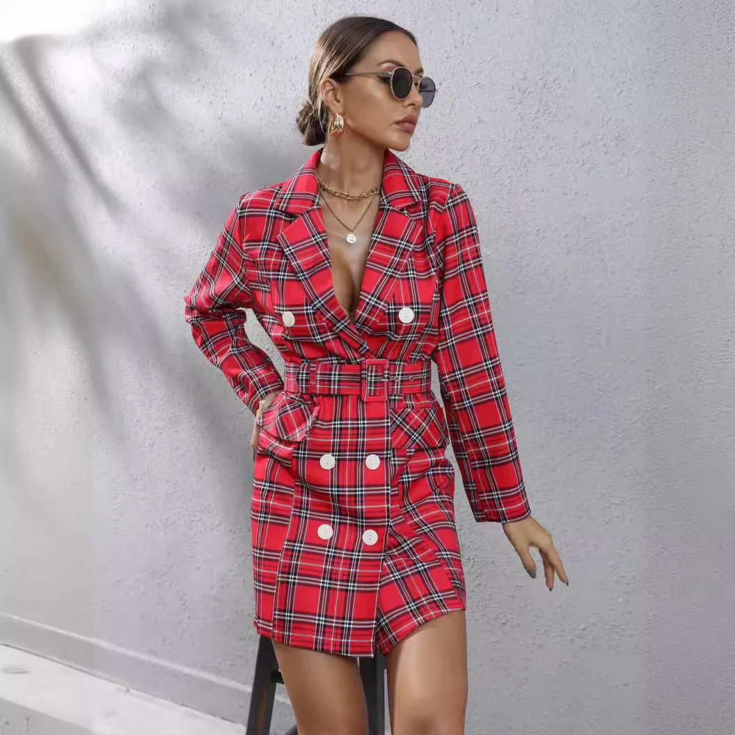 High-quality new fall and winter in Europe and the United States women\'s thousands of birds plaid printed suit dresses