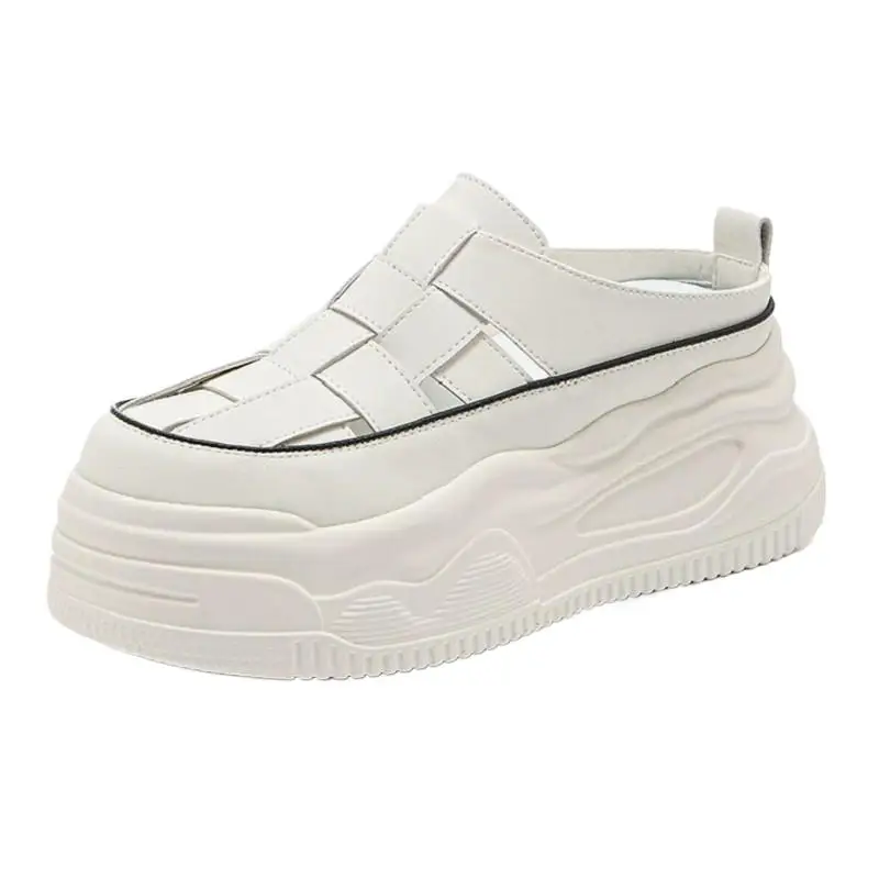 

2026 8.5cm Microfiber Leather Breathable Sandals Flats Hollow Round Toe Slipper Hollow Slip on Platform Wedge High Women Shoes