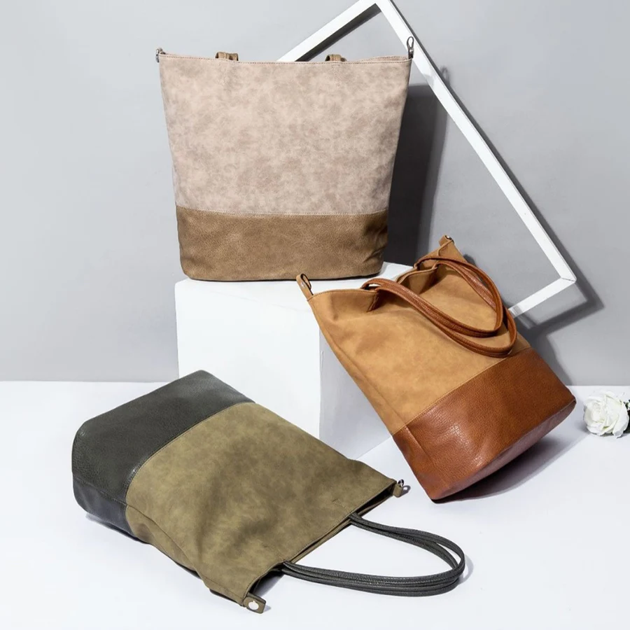 

Retro Pu Leather Women Commuter Tote Bag Ladies Spliced Soft Shoulder Handbag Large Capacity Female Bucket Bag Designer Clutch