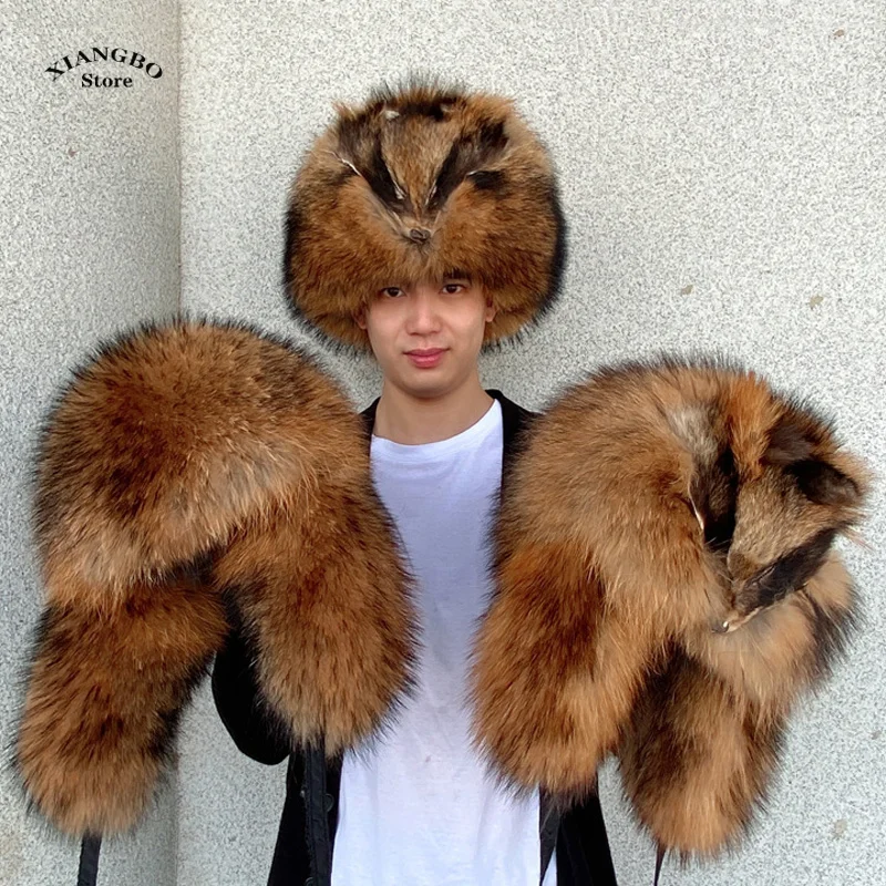 Men\'s Hat Winter Natural Raccoon Fur Bombers Hats Russian Hat Outdoor Warm Soft Luxury Quality Real Fur Cap Fur Hat for Men Caps