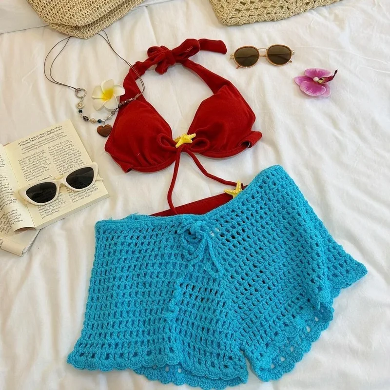 Velvet RedYoung women's niche retro three-piece set with tummy coverage, vacation-style sexy swimsuit bikini