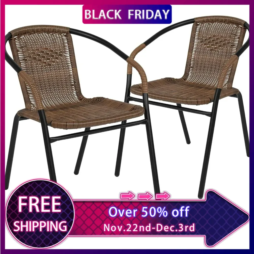 2 Pack Medium Brown Rattan Indoor-Outdoor Restaurant Stack Chair, for restaurant, patio, sunroom or dining room,Garden Chairs