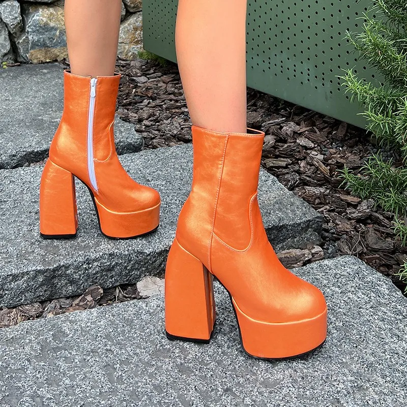 2023 New Sexy Chunky High Heels Ankle Shoes For Women Punk Style Zipper Thick Platform Green Blue Red Short Booties Plus Size 47