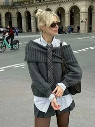 Chicheca głęboki dekolt ciemnoszary moherowy sweter damski sweter Femme Casual luźny modny styl jesienno-zimowy sweter z dzianiny