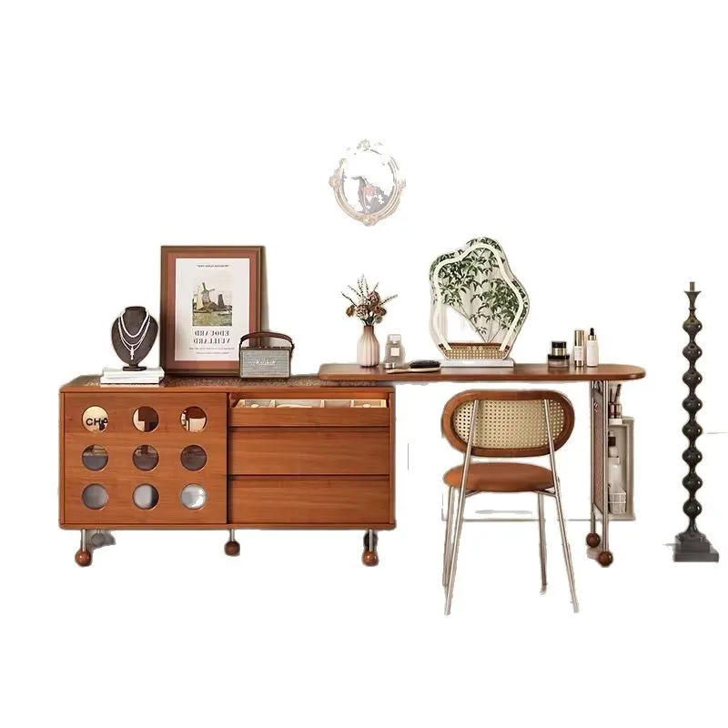 

French retro retractable dresser, vanity mirror, chest, integrated medieval bedroom, bedside storage table