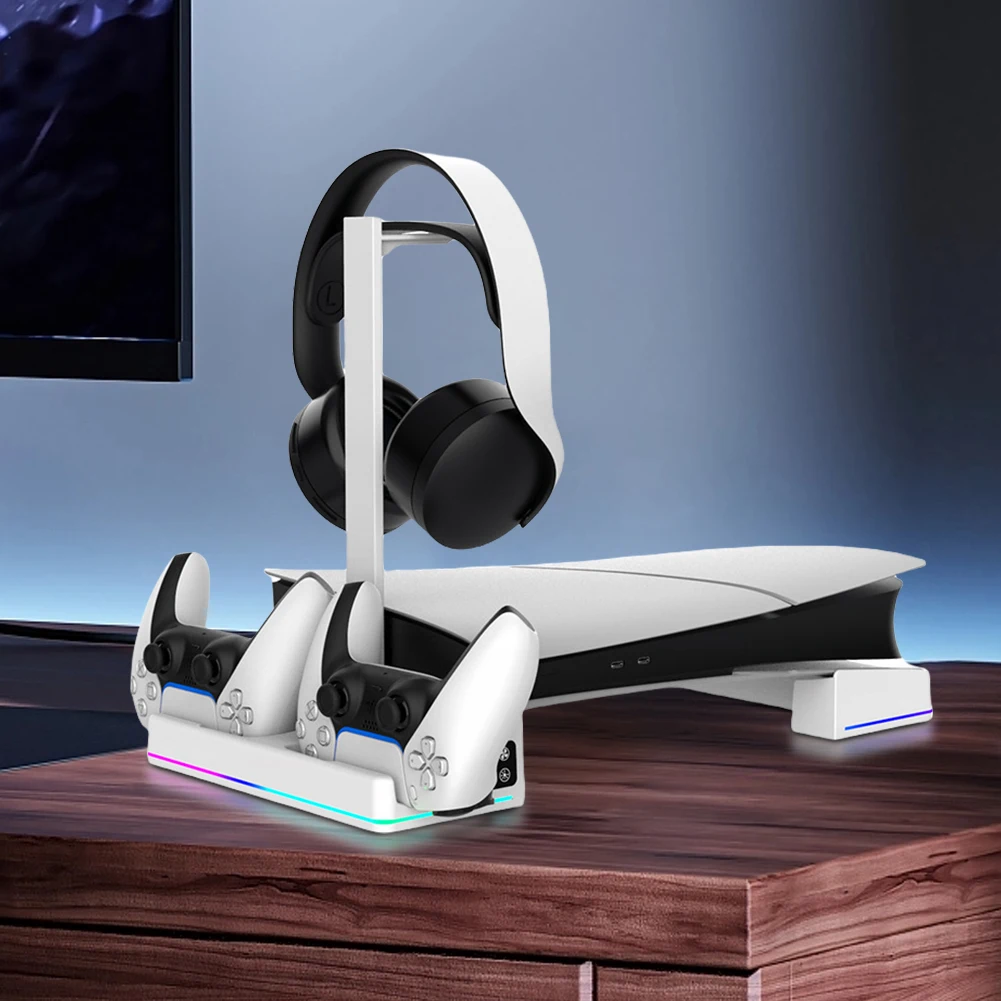 ขาตั้งระบายความร้อนพร้อมที่แขวนหูฟัง PS5ตัวควบคุมคู่สำหรับคอนโซลที่บางเฉียบสำหรับ PlayStation 5แผ่นดิสก์บาง & รุ่นดิจิตอล