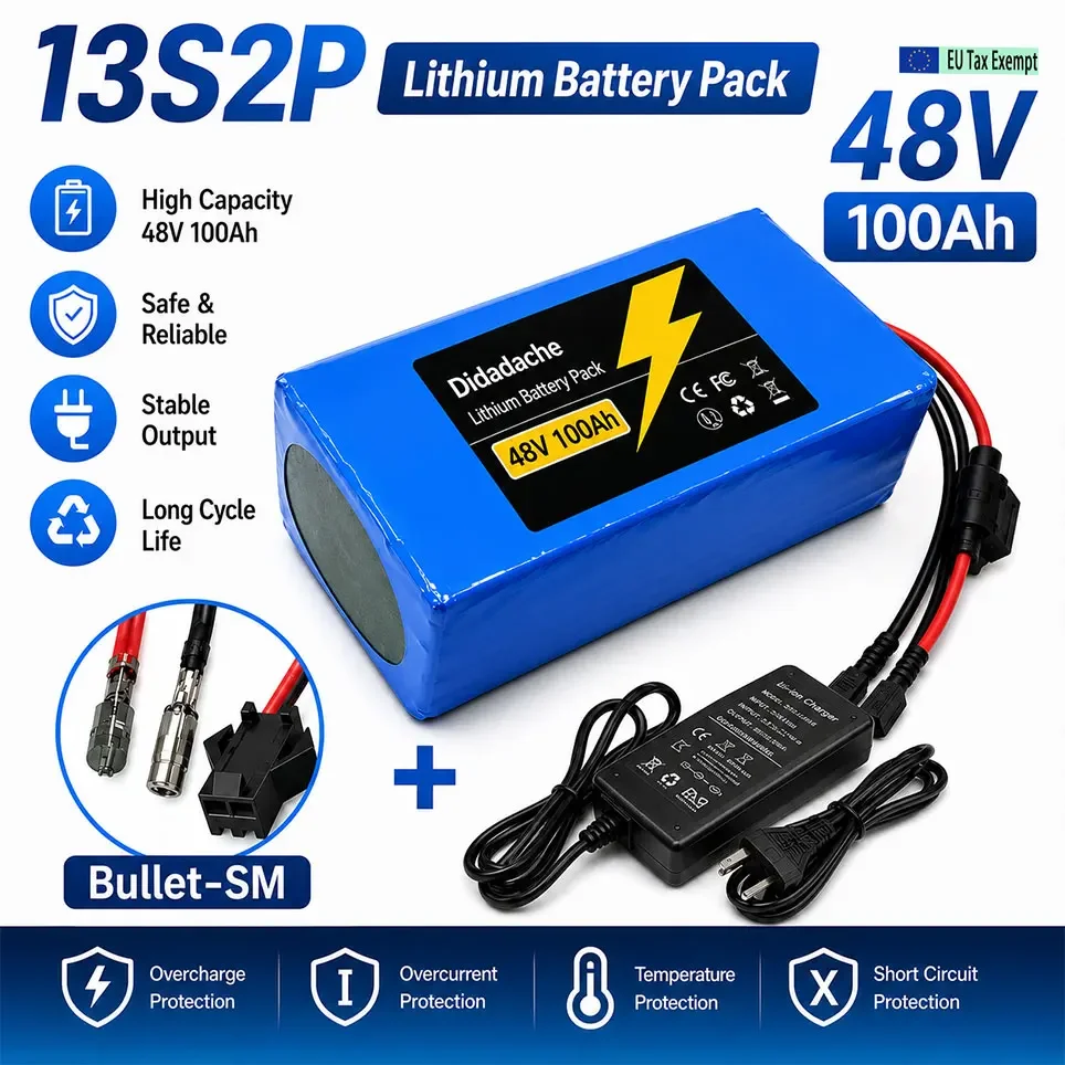 Batteria agli ioni di litio 48V 100Ah ad alta capacità, pacco batterie 13S2P 18650 con protezione BMS multi-specifica, compatibile con monopattini elettrici e moto elettriche da